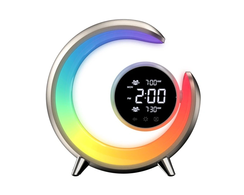 LED noční lampička, budík Immax PEACOCK s hodinami, RGB světlem a USB portem, zlatá