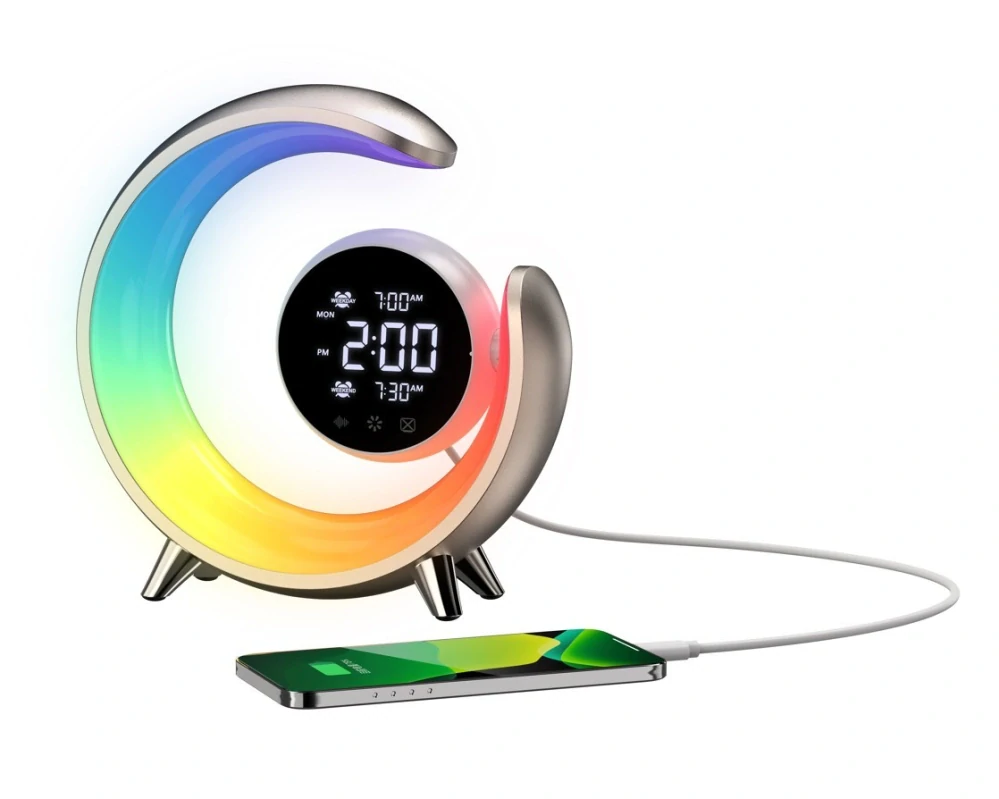 LED noční lampička, budík Immax PEACOCK s hodinami, RGB světlem a USB portem, zlatá
