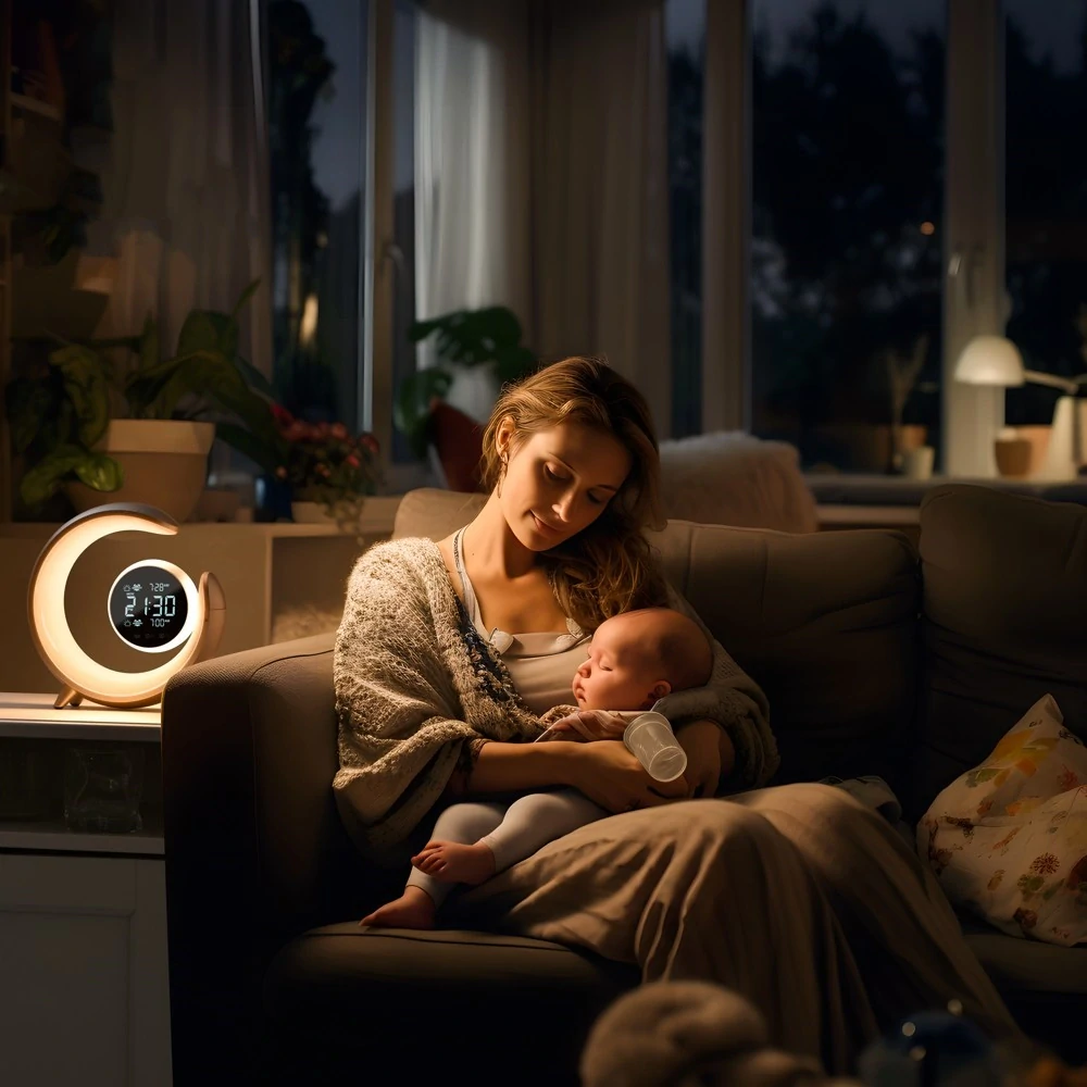 LED noční lampička, budík Immax PEACOCK s hodinami, RGB světlem a USB portem, zlatá